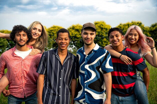 Grupo de adolescentes multiétnicos passando tempo ao ar livre em um piquenique no parque