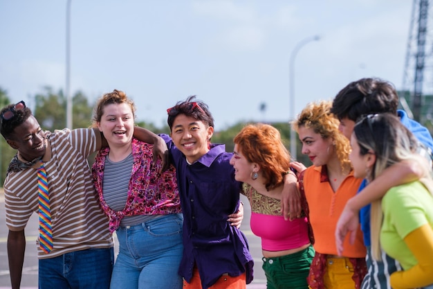 Grupo de adolescentes se divertindo em roupas coloridas