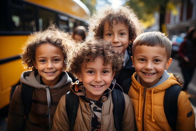 Grupo de adoráveis crianças do ensino fundamental em frente ao ônibus escolar Generative Ai