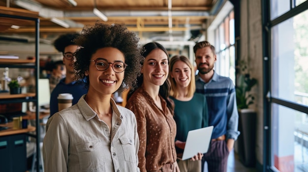 Grupo de adultos profissionais diversos de pé com confiança em um ambiente de escritório moderno sorrindo e posando para uma foto de grupo
