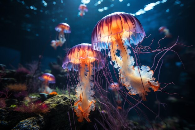 Foto grupo de águas-vivas de urtiga do atlântico nadando em aquário com luz de néon azul generative ai