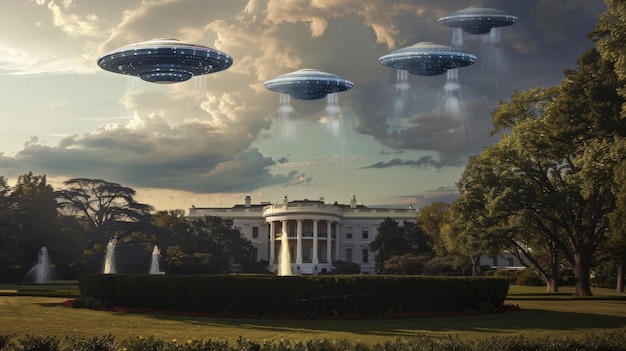 Foto grupo de alienígenas voando sobre a casa branca
