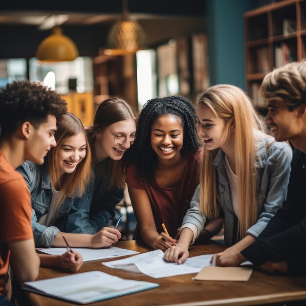 Foto grupo de alunos estudam em grupo na turma