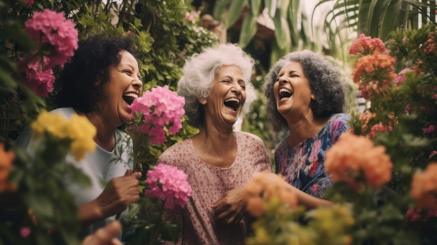 Grupo de amigas sênior maduras felizes em pé no jardim de flores