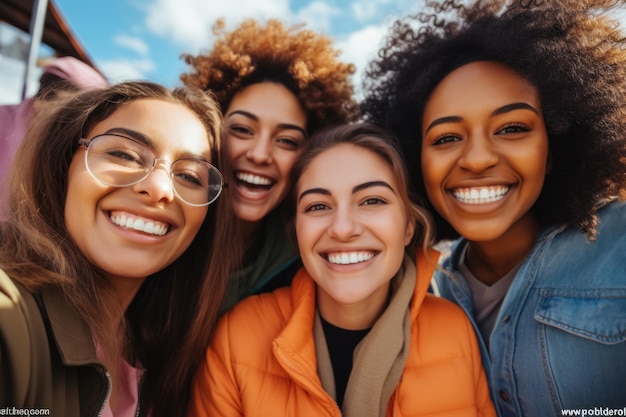 Grupo de amigas sorrindo para uma foto selfie na câmera Pessoas felizes se divertindo juntas comemorando lá fora