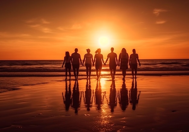 Grupo de amigos à beira-mar contra a luz ao pôr do sol Conceito de férias de verão com amizade de amigos