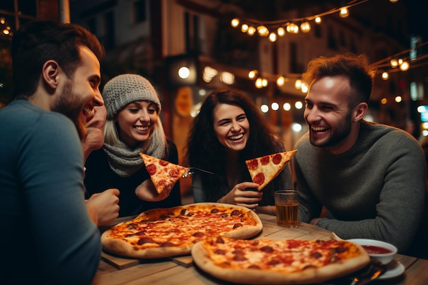 Grupo de amigos a comer pizza.