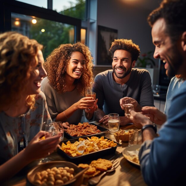 Grupo de amigos a desfrutar de bebidas e lanches