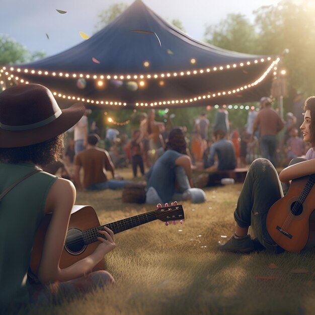 Foto grupo de amigos a tocar guitarra num festival de música grupo de jovens a divertirem-se ao ar livre