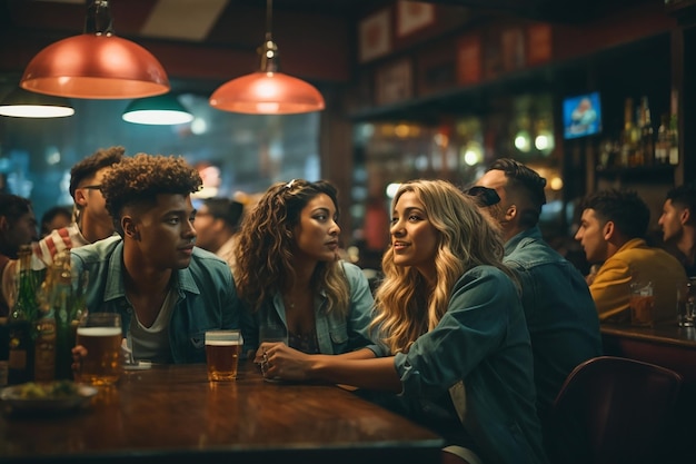 Foto grupo de amigos assistindo jogo de futebol no pub