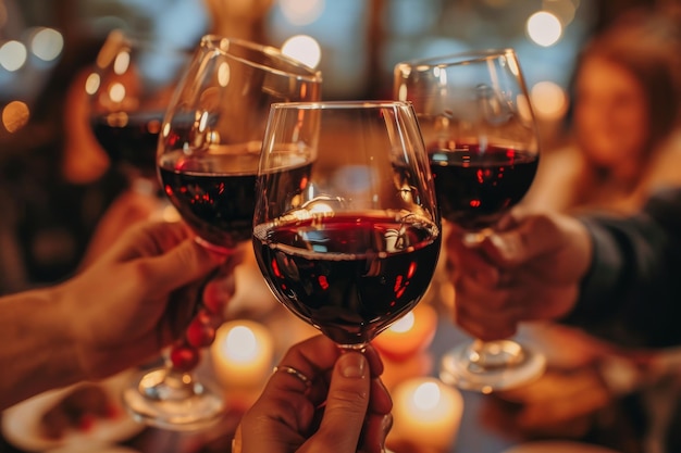 Grupo de amigos brindando com vinho vermelho em um pub ou restaurante Closeup de um estetoscópio gerado pela IA