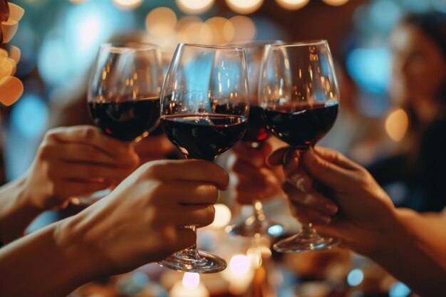 Grupo de amigos brindando com vinho vermelho em um pub ou restaurante Closeup de um estetoscópio gerado pela IA