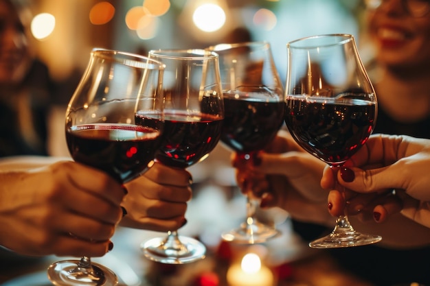 Grupo de amigos brindando com vinho vermelho em um pub ou restaurante Closeup de um estetoscópio gerado pela IA