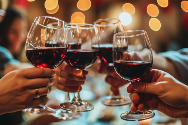 Grupo de amigos brindando com vinho vermelho em um pub ou restaurante Closeup de um estetoscópio gerado pela IA