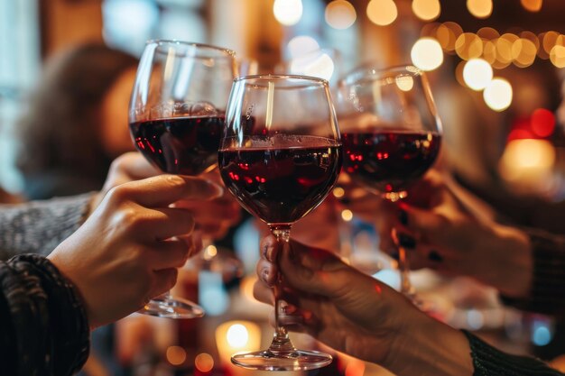 Grupo de amigos brindando com vinho vermelho em um pub ou restaurante Closeup de um estetoscópio gerado pela IA