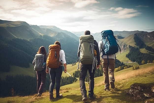 Grupo de amigos caminhando juntos com mochilas