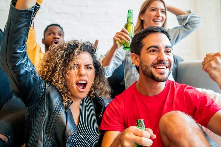 Foto grupo de amigos comemorando e torcendo enquanto assistia a uma partida juntos. conceito de amigos.