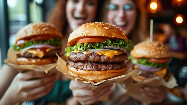 Foto grupo de amigos comendo em fast food amigos estão comendo hambúrgueres enquanto passam tempo juntos no café