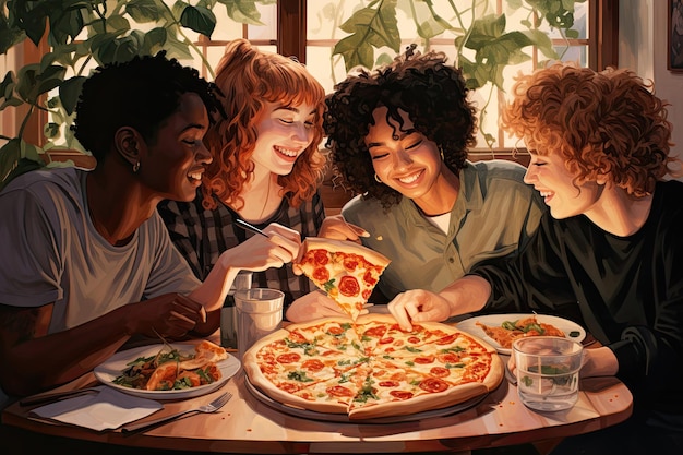 Grupo de amigos comendo pizza no café Eles estão sentados à mesa e sorrindo Amigos comendo pizza juntos em casa, seção superior cortada gerada por IA