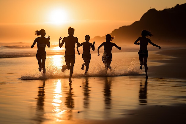 Grupo de amigos correndo na praia ao pôr do sol Conceito de estilo de vida saudável e férias ativas Generative AI