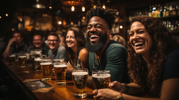 Grupo de amigos da diversidade se divertindo em um pub bebendo cerveja e rindo