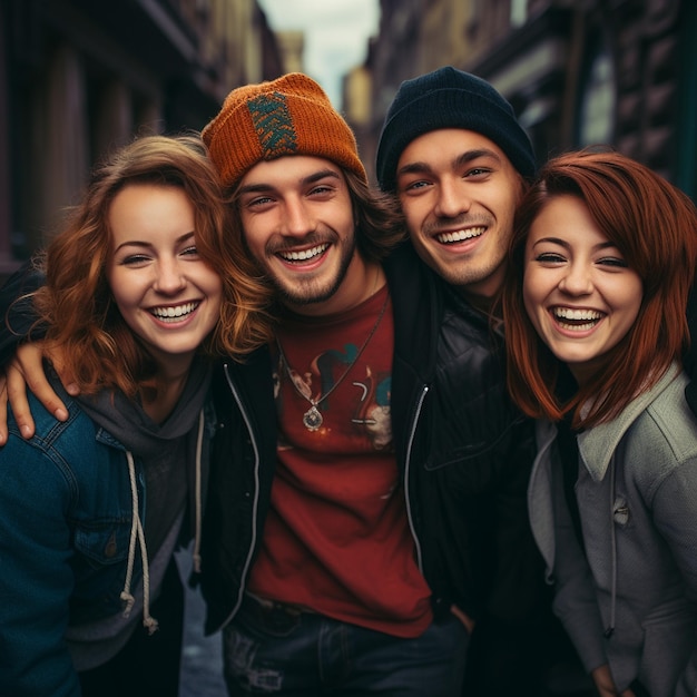 grupo de amigos de cerca de 20 anos compartilhando um momento feliz