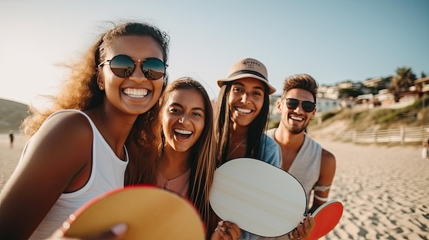 Grupo de amigos de diferentes raças está rindo da câmera na praia