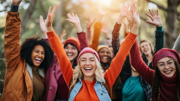 Grupo de amigos diversos se divertindo na floresta com as mãos levantadas no ar