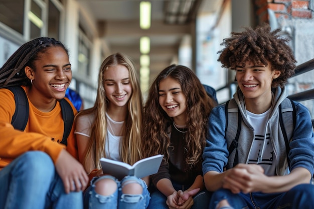 Grupo de amigos do ensino médio cooperando enquanto estudam no corredor da escola Espaço de cópia