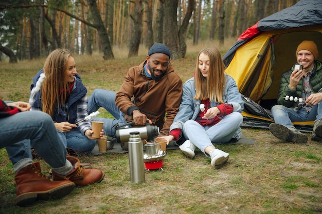 Grupo de amigos em acampamento ou caminhada em dia de outono