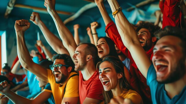 Foto grupo de amigos entusiasmados assistindo a um jogo esportivo e torcendo por sua equipe favorita