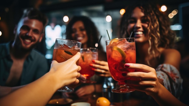 Grupo de amigos está relaxando em uma festa e bebendo coquetéis