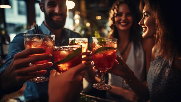 Grupo de amigos está relaxando em uma festa e bebendo coquetéis