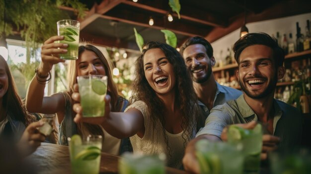 Foto grupo de amigos felizes animando bebidas mojito em um restaurante de cocktail bar