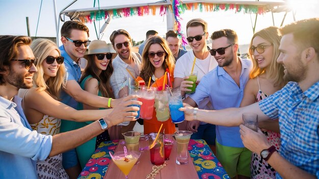 Foto grupo de amigos felizes bebendo coquetéis de vodca em uma festa de barco ao ar livre no verão