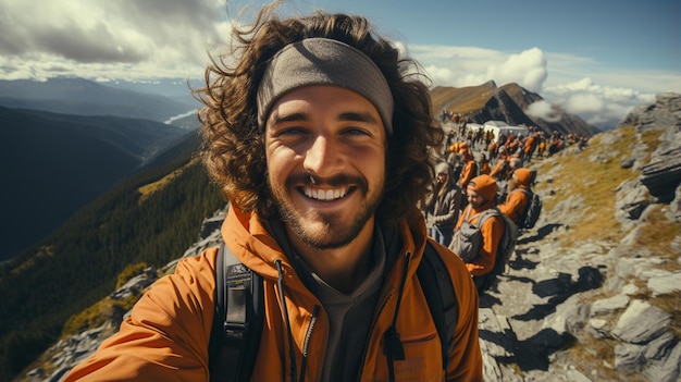 grupo de amigos felizes com bastões de trekking caminhando nas montanhas