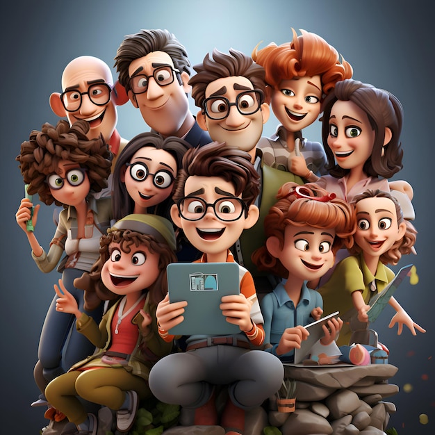 Foto grupo de amigos felizes com um tablet em suas mãos ilustração 3d