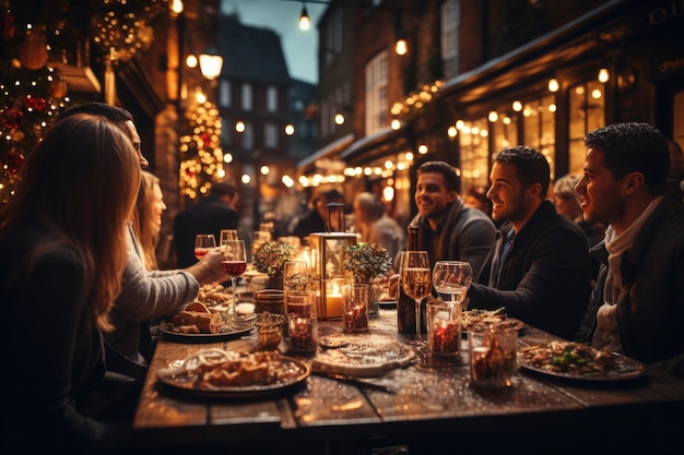 Foto grupo de amigos felizes sentados perto de uma grande mesa bebendo álcool e celebrando o natal