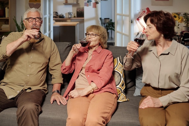 Grupo de amigos idosos sentados no sofá na sala de estar e tomando vinho