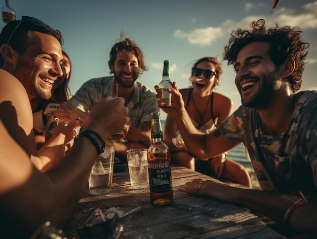 Grupo de amigos, mulheres e homens, a beberem juntos.