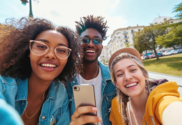 Grupo de amigos multiculturais tirando uma selfie juntos em um dia ensolarado