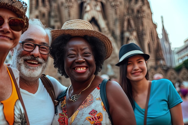 Grupo de amigos multiétnicos adultos retrato de viajante em férias de verão