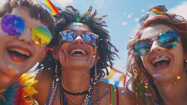 Grupo de amigos no dia do orgulho LGBT festejando com cores do arco-íris e diversão