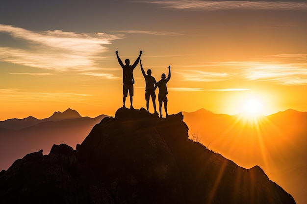 grupo de amigos no pico da montanha