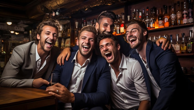 Foto grupo de amigos rindo e bebendo em um bar