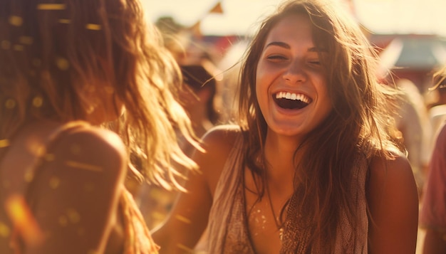 Grupo de amigos se divertindo muito no festival de música no verão Duas jovens bebendo cerveja