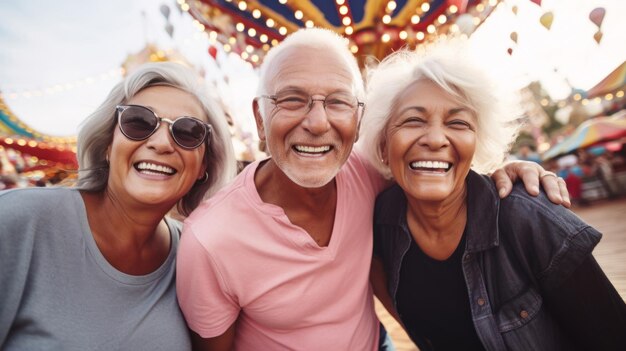 Grupo de amigos seniores no parque de diversões faz atividades divertidas de aposentadoria