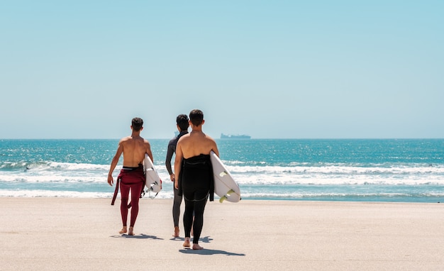 Grupo de amigos surfistas indo ao mar para surfar com suas pranchas