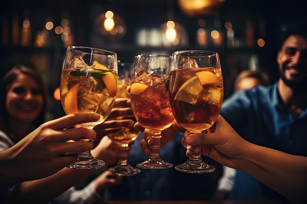 Grupo de amigos tilintando copos com bebidas no balcão do bar close-up Close up de grupo de pessoas tilintando copos com coquetéis no pub AI gerado