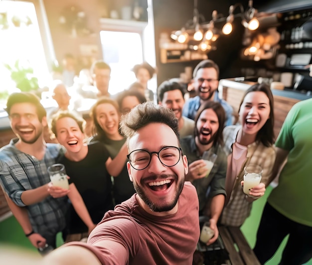 Grupo de amigos tirando uma foto de selfie jovens rindo se divertindo no jantar